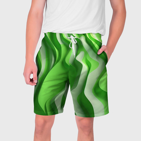 Мужские шорты 3D с принтом Зеленые объемные  полосы в Новосибирске,  полиэстер 100% | прямой крой, два кармана без застежек по бокам. Мягкая трикотажная резинка на поясе, внутри которой широкие завязки. Длина чуть выше колен | 