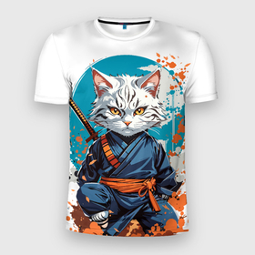 Мужская футболка 3D Slim с принтом Ninja cat dzhiro в Тюмени, 100% полиэстер с улучшенными характеристиками | приталенный силуэт, круглая горловина, широкие плечи, сужается к линии бедра | Тематика изображения на принте: 