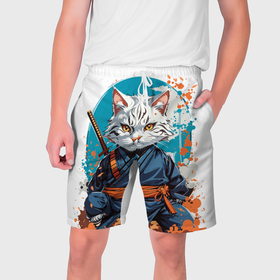 Мужские шорты 3D с принтом Ninja cat dzhiro в Санкт-Петербурге,  полиэстер 100% | прямой крой, два кармана без застежек по бокам. Мягкая трикотажная резинка на поясе, внутри которой широкие завязки. Длина чуть выше колен | 