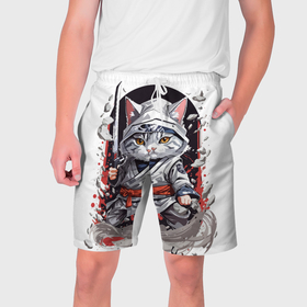 Мужские шорты 3D с принтом Ninja cat ichiro в Санкт-Петербурге,  полиэстер 100% | прямой крой, два кармана без застежек по бокам. Мягкая трикотажная резинка на поясе, внутри которой широкие завязки. Длина чуть выше колен | 