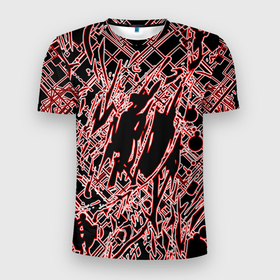 Мужская футболка 3D Slim с принтом Кибернетическая клякса красная в Кировске, 100% полиэстер с улучшенными характеристиками | приталенный силуэт, круглая горловина, широкие плечи, сужается к линии бедра | Тематика изображения на принте: 