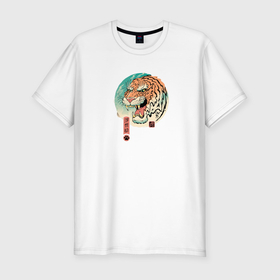 Мужская футболка хлопок Slim с принтом Tiger in Japanese style в Санкт-Петербурге, 92% хлопок, 8% лайкра | приталенный силуэт, круглый вырез ворота, длина до линии бедра, короткий рукав | 