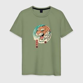 Мужская футболка хлопок с принтом Tiger in Japanese style в Курске, 100% хлопок | прямой крой, круглый вырез горловины, длина до линии бедер, слегка спущенное плечо. | 