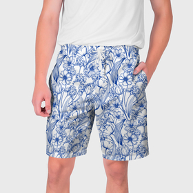 Мужские шорты 3D с принтом Синие графические цветы в Санкт-Петербурге,  полиэстер 100% | прямой крой, два кармана без застежек по бокам. Мягкая трикотажная резинка на поясе, внутри которой широкие завязки. Длина чуть выше колен | 
