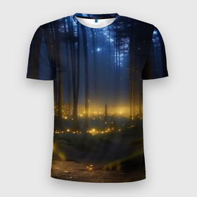 Мужская футболка 3D Slim с принтом Мистический светящийся лес в Курске, 100% полиэстер с улучшенными характеристиками | приталенный силуэт, круглая горловина, широкие плечи, сужается к линии бедра | 