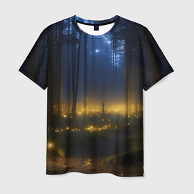 Мужская футболка 3D с принтом Мистический светящийся лес в Белгороде, 100% полиэфир | прямой крой, круглый вырез горловины, длина до линии бедер | 