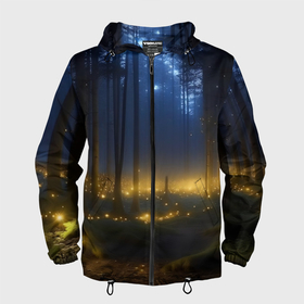 Мужская ветровка 3D с принтом Мистический светящийся лес в Тюмени, 100% полиэстер | подол и капюшон оформлены резинкой с фиксаторами, два кармана без застежек по бокам, один потайной карман на груди | 
