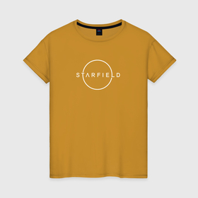 Женская футболка хлопок с принтом Starfield лого белый в городе Новоалтайск, 100% хлопок | прямой крой, круглый вырез горловины, длина до линии бедер, слегка спущенное плечо | 