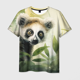 Мужская футболка 3D с принтом Лемур акварель в Ухте, 100% полиэфир | прямой крой, круглый вырез горловины, длина до линии бедер | 