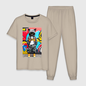Мужская пижама хлопок с принтом Уличный котёнок хулиган на фоне граффити   нейросеть в Тюмени, 100% хлопок | брюки и футболка прямого кроя, без карманов, на брюках мягкая резинка на поясе и по низу штанин
 | Тематика изображения на принте: 