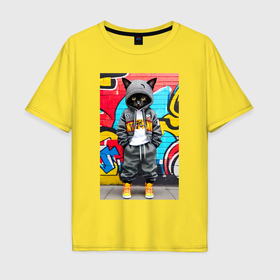 Мужская футболка хлопок Oversize с принтом Уличный котёнок хулиган на фоне граффити   нейросеть в Тюмени, 100% хлопок | свободный крой, круглый ворот, “спинка” длиннее передней части | Тематика изображения на принте: 