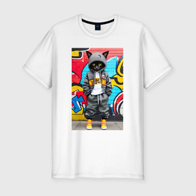 Мужская футболка хлопок Slim с принтом Уличный котёнок хулиган на фоне граффити   нейросеть в Петрозаводске, 92% хлопок, 8% лайкра | приталенный силуэт, круглый вырез ворота, длина до линии бедра, короткий рукав | 