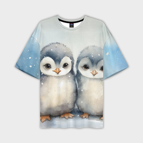 Мужская футболка oversize 3D с принтом Милые пингвины акварель в Кировске,  |  | Тематика изображения на принте: 