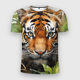 Мужская футболка 3D Slim с принтом Тигр портрет акварель в Новосибирске, 100% полиэстер с улучшенными характеристиками | приталенный силуэт, круглая горловина, широкие плечи, сужается к линии бедра | 