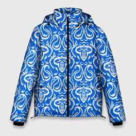 Мужская зимняя куртка 3D с принтом Синий этнический орнамент в Петрозаводске, верх — 100% полиэстер; подкладка — 100% полиэстер; утеплитель — 100% полиэстер | длина ниже бедра, свободный силуэт Оверсайз. Есть воротник-стойка, отстегивающийся капюшон и ветрозащитная планка. 

Боковые карманы с листочкой на кнопках и внутренний карман на молнии. | Тематика изображения на принте: 