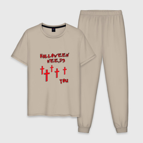 Мужская пижама хлопок с принтом Хэллоуин выбирает тебя в Екатеринбурге, 100% хлопок | брюки и футболка прямого кроя, без карманов, на брюках мягкая резинка на поясе и по низу штанин
 | 