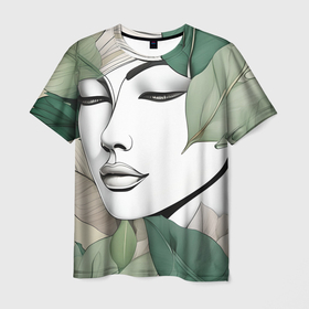 Мужская футболка 3D с принтом Женский портрет в листьях   нейросеть в Курске, 100% полиэфир | прямой крой, круглый вырез горловины, длина до линии бедер | 