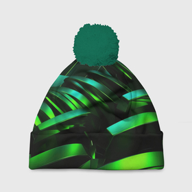 Шапка 3D c помпоном с принтом Dark  green abstract в Тюмени, 100% полиэстер | универсальный размер, печать по всей поверхности изделия | 
