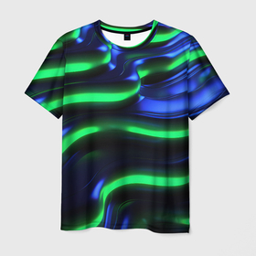 Мужская футболка 3D с принтом Green blue  lines в Екатеринбурге, 100% полиэфир | прямой крой, круглый вырез горловины, длина до линии бедер | Тематика изображения на принте: 