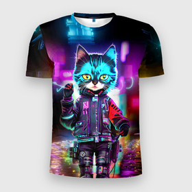 Мужская футболка 3D Slim с принтом Cool kitten   cyberpunk   neon glow в Тюмени, 100% полиэстер с улучшенными характеристиками | приталенный силуэт, круглая горловина, широкие плечи, сужается к линии бедра | Тематика изображения на принте: 
