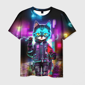 Мужская футболка 3D с принтом Cool kitten   cyberpunk   neon glow , 100% полиэфир | прямой крой, круглый вырез горловины, длина до линии бедер | 