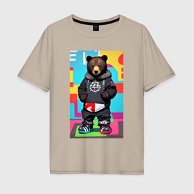 Мужская футболка хлопок Oversize с принтом Прикольный мишутка   поп арт   нейросеть в Новосибирске, 100% хлопок | свободный крой, круглый ворот, “спинка” длиннее передней части | 