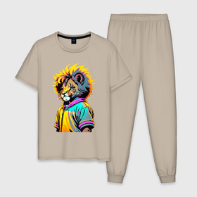 Мужская пижама хлопок с принтом Прикольный львёнок   поп арт в Петрозаводске, 100% хлопок | брюки и футболка прямого кроя, без карманов, на брюках мягкая резинка на поясе и по низу штанин
 | 