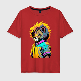 Мужская футболка хлопок Oversize с принтом Прикольный львёнок   поп арт в Санкт-Петербурге, 100% хлопок | свободный крой, круглый ворот, “спинка” длиннее передней части | 