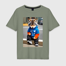 Мужская футболка хлопок Oversize с принтом Уличный волчонок хулиган   нейросеть в Кировске, 100% хлопок | свободный крой, круглый ворот, “спинка” длиннее передней части | 