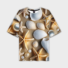 Мужская футболка oversize 3D с принтом Ракушки, морские звезды и жемчужины на бежевом в Новосибирске,  |  | Тематика изображения на принте: 