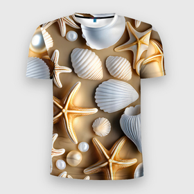 Мужская футболка 3D Slim с принтом Ракушки, морские звезды и жемчужины на бежевом в Курске, 100% полиэстер с улучшенными характеристиками | приталенный силуэт, круглая горловина, широкие плечи, сужается к линии бедра | Тематика изображения на принте: 