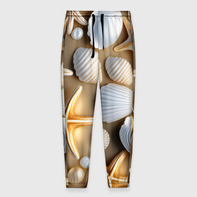 Мужские брюки 3D с принтом Ракушки, морские звезды и жемчужины на бежевом в Новосибирске, 100% полиэстер | манжеты по низу, эластичный пояс регулируется шнурком, по бокам два кармана без застежек, внутренняя часть кармана из мелкой сетки | 