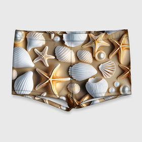 Мужские купальные плавки 3D с принтом Ракушки, морские звезды и жемчужины на бежевом в Новосибирске, Полиэстер 85%, Спандекс 15% |  | Тематика изображения на принте: 