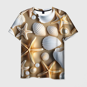 Мужская футболка 3D с принтом Ракушки, морские звезды и жемчужины на бежевом в Курске, 100% полиэфир | прямой крой, круглый вырез горловины, длина до линии бедер | Тематика изображения на принте: 