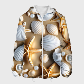 Мужская куртка 3D с принтом Ракушки, морские звезды и жемчужины на бежевом в Новосибирске, ткань верха — 100% полиэстер, подклад — флис | прямой крой, подол и капюшон оформлены резинкой с фиксаторами, два кармана без застежек по бокам, один большой потайной карман на груди. Карман на груди застегивается на липучку | 