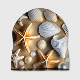 Шапка 3D с принтом Ракушки, морские звезды и жемчужины на бежевом в Кировске, 100% полиэстер | универсальный размер, печать по всей поверхности изделия | 