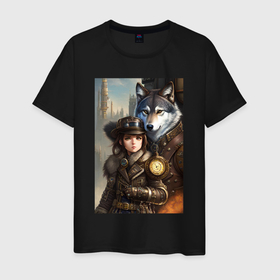 Мужская футболка хлопок с принтом Крутая девчонка под защитой волка   стимпанк   нейросеть в Новосибирске, 100% хлопок | прямой крой, круглый вырез горловины, длина до линии бедер, слегка спущенное плечо. | 