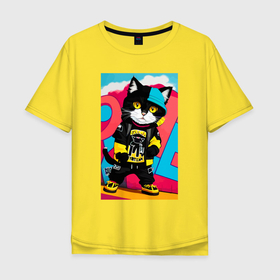 Мужская футболка хлопок Oversize с принтом Котёнок художник   поп арт в Кировске, 100% хлопок | свободный крой, круглый ворот, “спинка” длиннее передней части | 
