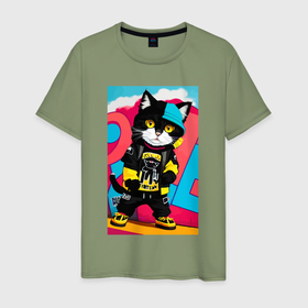 Мужская футболка хлопок с принтом Котёнок художник   поп арт в Тюмени, 100% хлопок | прямой крой, круглый вырез горловины, длина до линии бедер, слегка спущенное плечо. | 