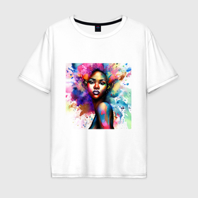 Мужская футболка хлопок Oversize с принтом Портрет афро девушки с акварельными брызгами в Тюмени, 100% хлопок | свободный крой, круглый ворот, “спинка” длиннее передней части | Тематика изображения на принте: 