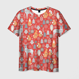 Мужская футболка 3D с принтом Новогодние животные и птицы в скандинавском стиле на красном фоне , 100% полиэфир | прямой крой, круглый вырез горловины, длина до линии бедер | 