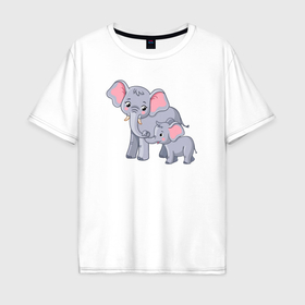 Мужская футболка хлопок Oversize с принтом Elephants family в Санкт-Петербурге, 100% хлопок | свободный крой, круглый ворот, “спинка” длиннее передней части | 