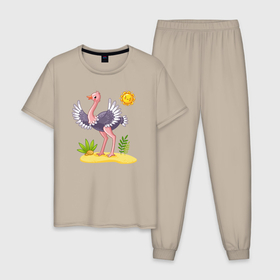 Мужская пижама хлопок с принтом Солнечный страус в Новосибирске, 100% хлопок | брюки и футболка прямого кроя, без карманов, на брюках мягкая резинка на поясе и по низу штанин
 | Тематика изображения на принте: 
