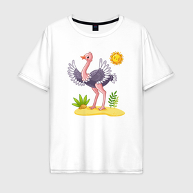 Мужская футболка хлопок Oversize с принтом Солнечный страус в Новосибирске, 100% хлопок | свободный крой, круглый ворот, “спинка” длиннее передней части | Тематика изображения на принте: 