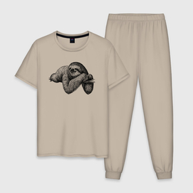 Мужская пижама хлопок с принтом Ленивец на ветке в Кировске, 100% хлопок | брюки и футболка прямого кроя, без карманов, на брюках мягкая резинка на поясе и по низу штанин
 | 
