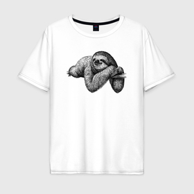 Мужская футболка хлопок Oversize с принтом Ленивец на ветке в Тюмени, 100% хлопок | свободный крой, круглый ворот, “спинка” длиннее передней части | 
