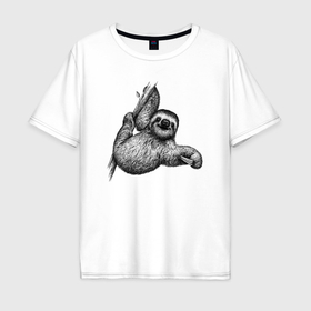 Мужская футболка хлопок Oversize с принтом Ленивец на дереве в Тюмени, 100% хлопок | свободный крой, круглый ворот, “спинка” длиннее передней части | 