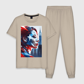 Мужская пижама хлопок с принтом Девушка и Нью Йорк   двойная экспозиция в Новосибирске, 100% хлопок | брюки и футболка прямого кроя, без карманов, на брюках мягкая резинка на поясе и по низу штанин
 | 