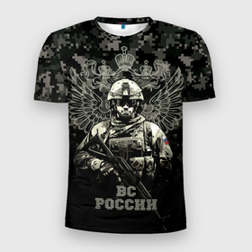 Мужская футболка 3D Slim с принтом ВС России Спецназ штурмовик в Белгороде, 100% полиэстер с улучшенными характеристиками | приталенный силуэт, круглая горловина, широкие плечи, сужается к линии бедра | 
