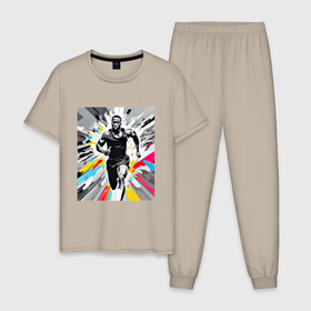 Мужская пижама хлопок с принтом Чернокожий спринтер , 100% хлопок | брюки и футболка прямого кроя, без карманов, на брюках мягкая резинка на поясе и по низу штанин
 | 
